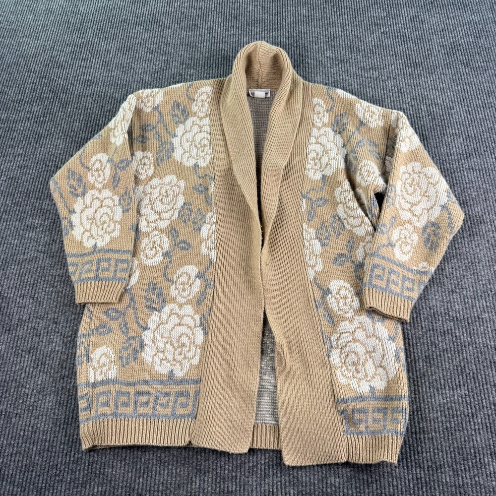 Carriage Court Cardigan Women S Beige Floral Rose Shawl Collar Knit Made USA